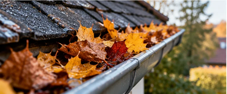 Herbstlaub sammelt sich in einer Dachrinne