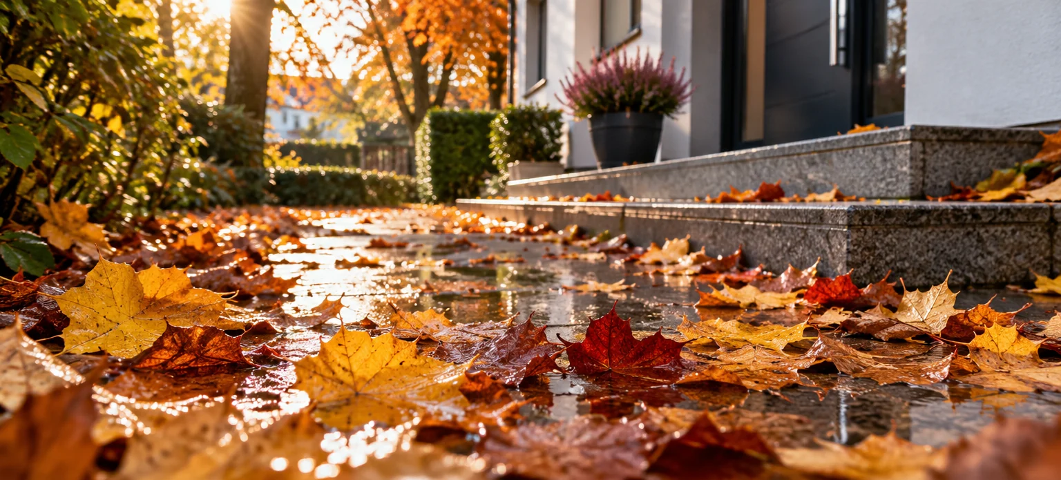 Nasses Herbstlaub auf einem Gehweg vor einem Hauseingang
